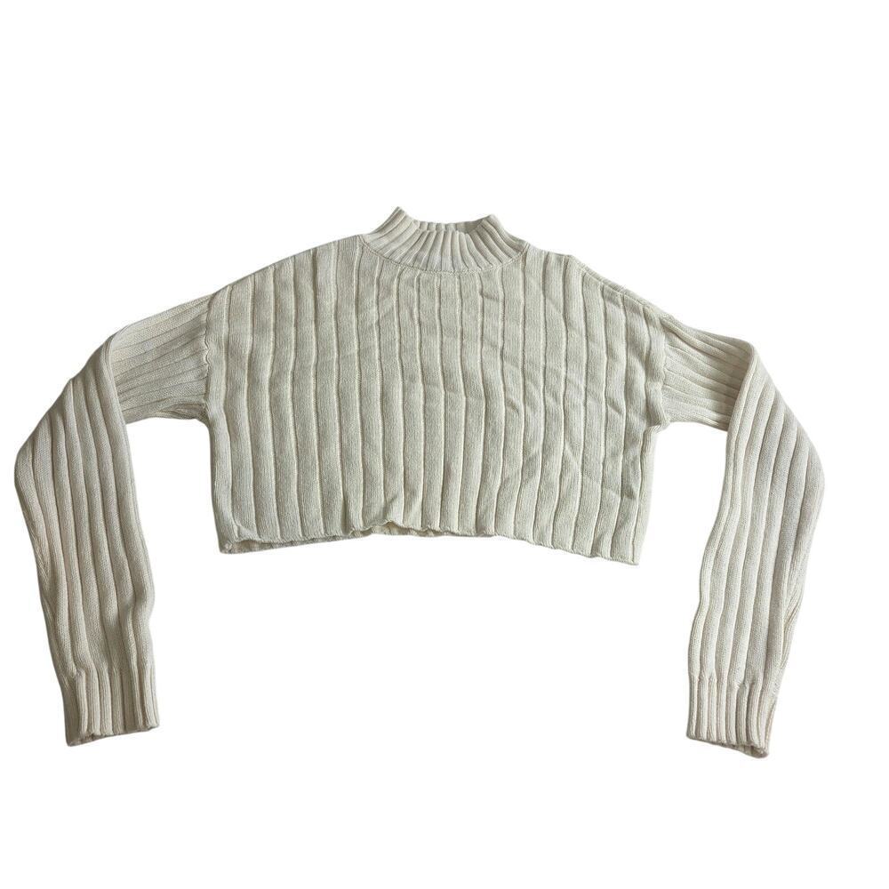 Kendall and Kylie Cream Mock Neck Crop Long Sleeve Knit Sweater Small